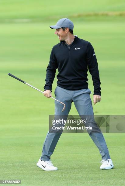 Rory McIlroy of Northern Ireland plays a practice round ahead of the Genesis Open at the Riviera Country Club on February 13, 2018 in Pacific...