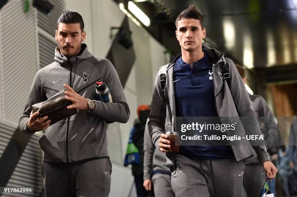 Paulo Gazzaniga of Erik Lamela of Tottenham Hotspur arrive ahead the UEFA Champions League Round of 16 First Leg match between Juventus and Tottenham...