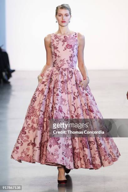 Model walks the runway wearing Badgley Mischka Fall 2018 at Gallery I at Spring Studios on February 13, 2018 in New York City.