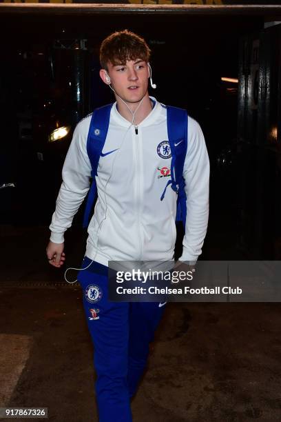 Charlie Brown of Chelsea arrives for the FA Youth Cup match between Tottenham Hotspur and Chelsea at The Lamex Stadium on February 13, 2018 in...