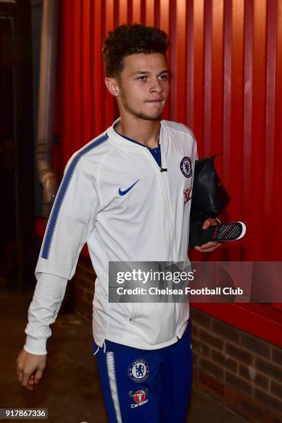 George McEachran of Chelsea arrives for the FA Youth Cup match between Tottenham Hotspur and Chelsea at The Lamex Stadium on February 13, 2018 in...