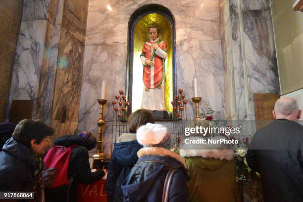 View of the crowd at the chapel with the statue of patron saint of love, St. Valentine, inside Whitefriar Church in Dublin. St. Valentine, the patron...