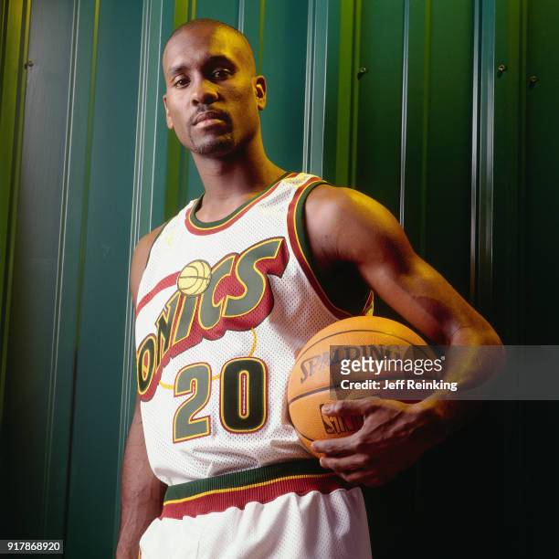 Gary Payton of the Seattle SuperSonics poses for a portrait during media day at Key Arena in Seattle Washington on October 8, 1996 in Seattle,...