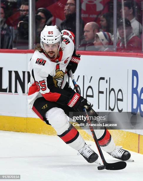 Erik Karlsson of the Ottawa Senators skates with the puck against the Montreal Canadiens in the NHL game at the Bell Centre on February 4, 2018 in...