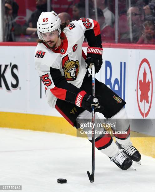 Erik Karlsson of the Ottawa Senators skates with the puck against the Montreal Canadiens in the NHL game at the Bell Centre on February 4, 2018 in...