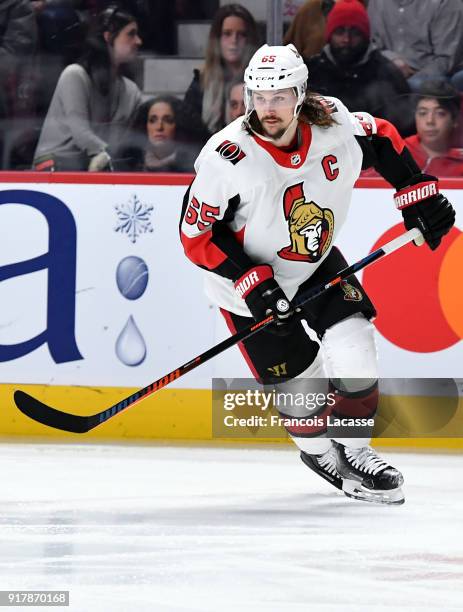 Erik Karlsson of the Ottawa Senators skates against the Montreal Canadiens in the NHL game at the Bell Centre on February 4, 2018 in Montreal,...