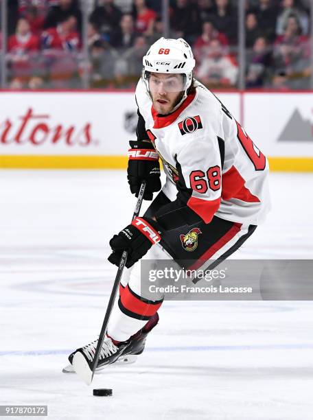 Mike Hoffman of the Ottawa Senators skates with the puck against the Montreal Canadiens in the NHL game at the Bell Centre on February 4, 2018 in...