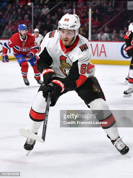Mike Hoffman of the Ottawa Senators skates against the Montreal Canadiens in the NHL game at the Bell Centre on February 4, 2018 in Montreal, Quebec,...