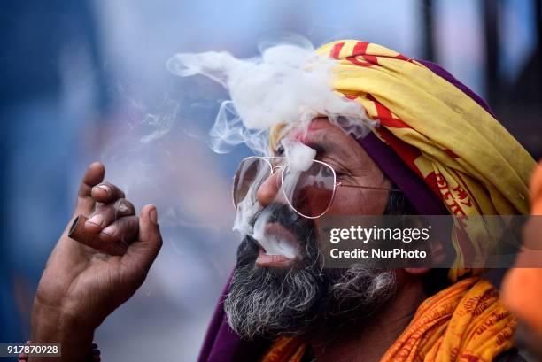 Hindu Sadhu or Holy Man smokes marijuana at the premises of Pashupatinath Temple during the celebration of Maha Shivaratri Festival at Kathmandu,...