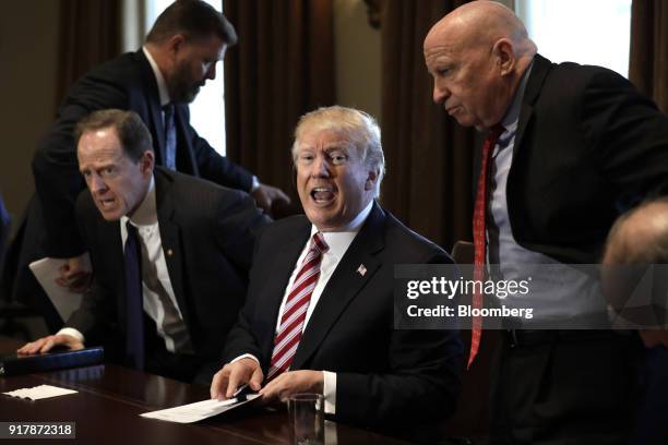 President Donald Trump, center, speaks during a meeting with bipartisan members of Congress on trade in the Cabinet Room of the White House in...