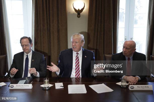 President Donald Trump, center, speaks while Representative Kevin Brady, a Republican from Texas, right, and Senator Pat Toomey, a Republican from...