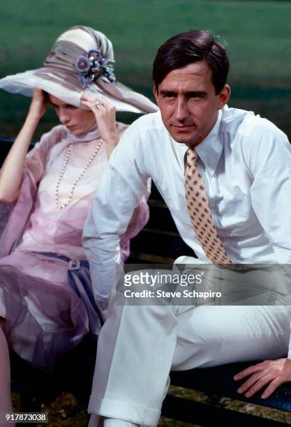 View of American actors Mia Farrow and Sam Waterston in costume and on the set of the film 'The Great Gatsby' , Newport, Rhode Island, 1973.