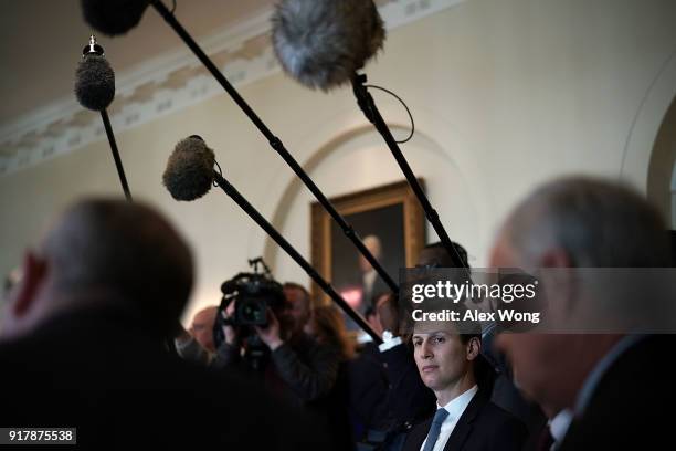 Jared Kushner, White House Senior Adviser and son-in-law of U.S. President Donald Trump, listens during a meeting between President Donald Trump and...