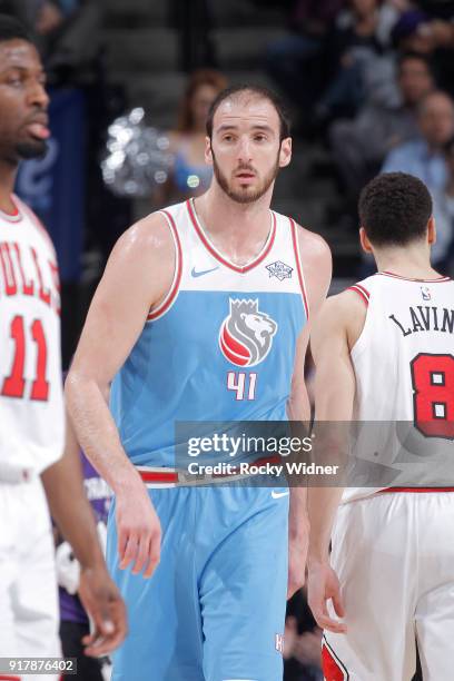 Kosta Koufos of the Sacramento Kings looks on during the game against the Chicago Bulls on February 5, 2018 at Golden 1 Center in Sacramento,...