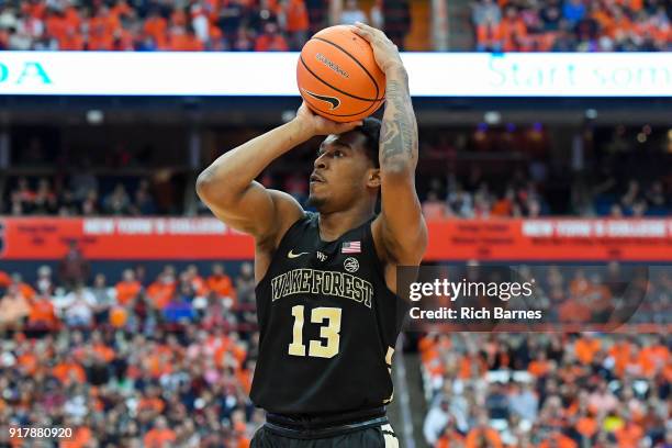 Bryant Crawford of the Wake Forest Demon Deacons shoots the ball against the Syracuse Orange during the first half at the Carrier Dome on February...