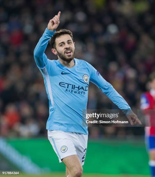 Bernardo Silva of Manchester City celebrates his team's second goal during the UEFA Champions League Round of 16 First Leg match between FC Basel and...