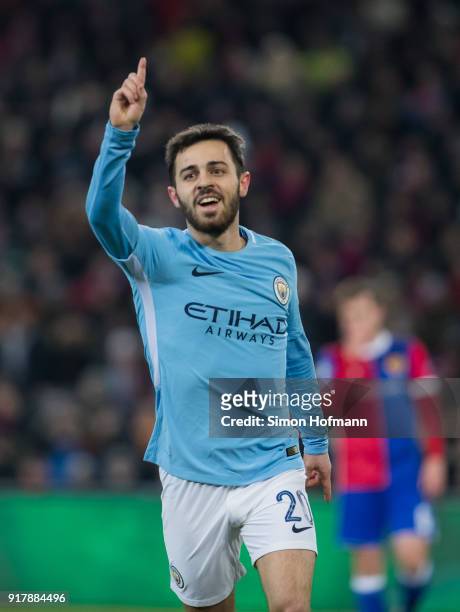 Bernardo Silva of Manchester City celebrates his team's second goal during the UEFA Champions League Round of 16 First Leg match between FC Basel and...