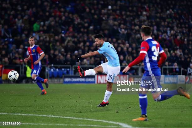 Sergio Aguero of Manchester City scores his teams third goal during the UEFA Champions League Round of 16 First Leg match between FC Basel and...