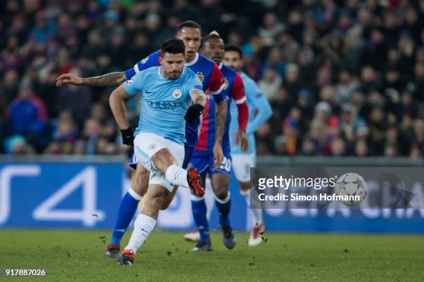 Sergio Aguero of Manchester City scores his team's third goal during the UEFA Champions League Round of 16 First Leg match between FC Basel and...