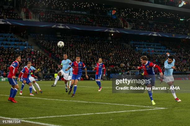 Ilkay Gundogan of Manchester City scores a goal to make it 0-1 during the UEFA Champions League Round of 16 First Leg match between FC Basel and...