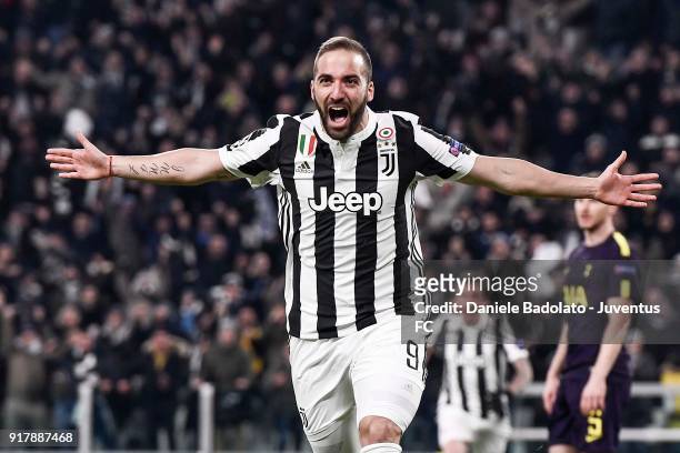 Gonzalo Higuain of Juventus celebrates his first goal during the UEFA Champions League Round of 16 First Leg match between Juventus and Tottenham...