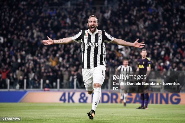 Gonzalo Higuain of Juventus celebrates his first goal during the UEFA Champions League Round of 16 First Leg match between Juventus and Tottenham...