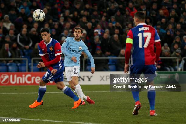 Bernardo Silva of Manchester City scores a goal to make it 0-2 during the UEFA Champions League Round of 16 First Leg match between FC Basel and...