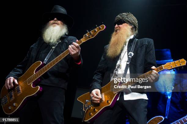 Bass player Dusty Hill and Guitarist Billy Gibbons of American blues rock band ZZ Top perform on stage at the Heineken Music Hall on October 8, 2009...