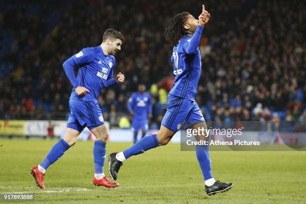 Armand Traore of Cardiff City celebrates his sides first goal of the match during the Sky Bet Championship match between Cardiff City and Bolton...