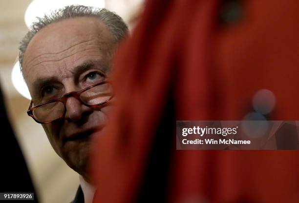 Senate Minority Leader Chuck Schumer listens to fellow Democratic senators speak following the weekly policy luncheons at the U.S. Capitol on...