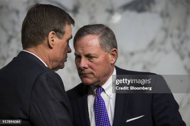 Senator Mark Warner, a Democrat from Virginia and ranking member of the Senate Intelligence Committee, left, and chairman Senator Richard Burr, a...