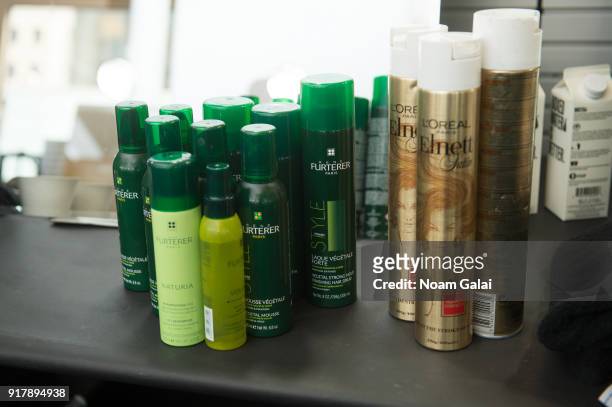View of hair products backstage at the Gabriela Hearst fashion show during New York Fashion Wee on February 13, 2018 in New York City.