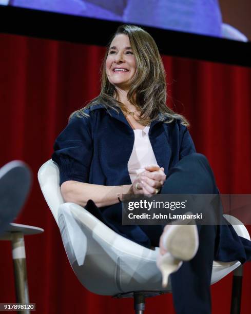 Melinda Gates speaks during the Lin-Manuel Miranda In conversation with Bill & Melinda Gates panel at Hunter College on February 13, 2018 in New York...