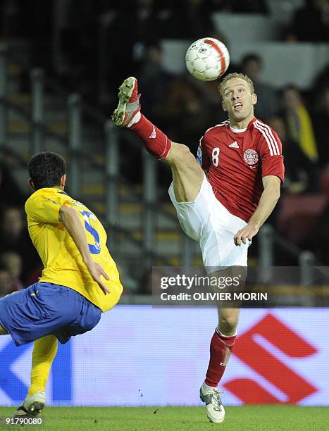 Denmark's Dennis Rommedahl struggles for the ball with Sweden's Behrang Safari during the World Cup 2010 qualifying match Denmark vs Sweden...