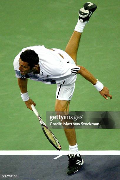 Marat Safin of Russia serves to Mao-Xin Gong of China during day two of the 2009 Shanghai ATP Masters 1000 at Qi Zhong Tennis Centre on October 12,...