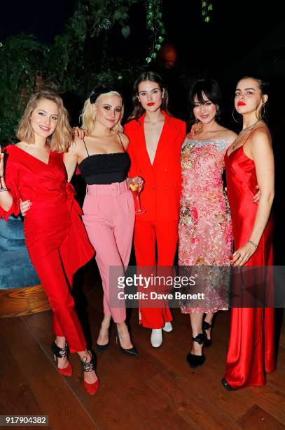 Tess Ward, Pixie Lott, Frankie Herbert, Betty Bachz and Bee Beardsworth attend a Valentine's dinner at The Living Room Champagne and Cocktail Bar by...