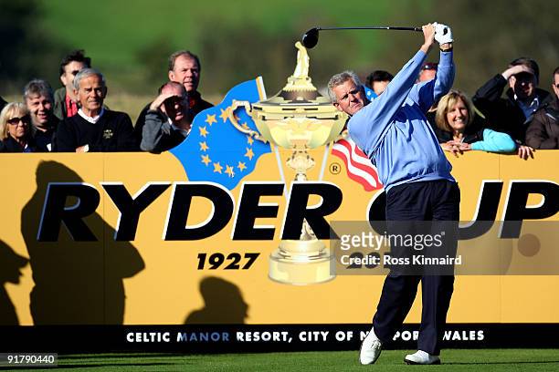 Colin Montgomerie the European Ryder Cup Captain on the first tee during the 'Year to Go' exhibition match at Celtic Manor Resort on October 12, 2009...