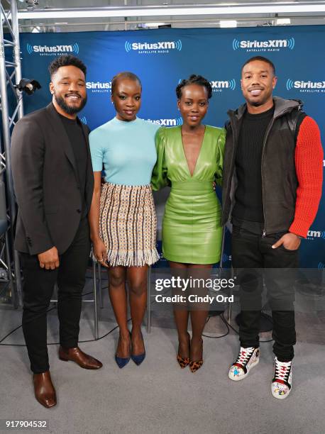 Director Ryan Coogler and actors Danai Gurira, Lupita Nyong'o and Michael B. Jordan take part in SiriusXM's Town Hall with the cast of Black Panther...