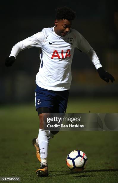 Neill Bennett of Tottenham in action during the FA Youth Cup match between Tottenham Hotspur and Chelsea at The Lamex Stadium on February 13, 2018 in...