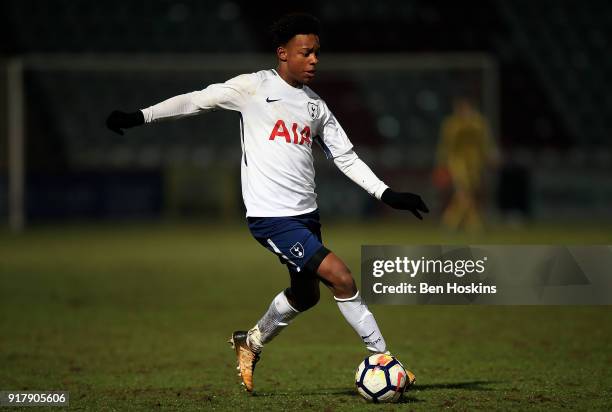 Neill Bennett of Tottenham in action during the FA Youth Cup match between Tottenham Hotspur and Chelsea at The Lamex Stadium on February 13, 2018 in...
