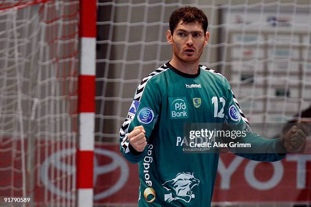 Goalkeeper Henning Fritz of Rhein-Neckar Loewen reacts during the Toyota Handball Bundesliga match between MT Melsungen and Rhein-Neckar Loewen at...