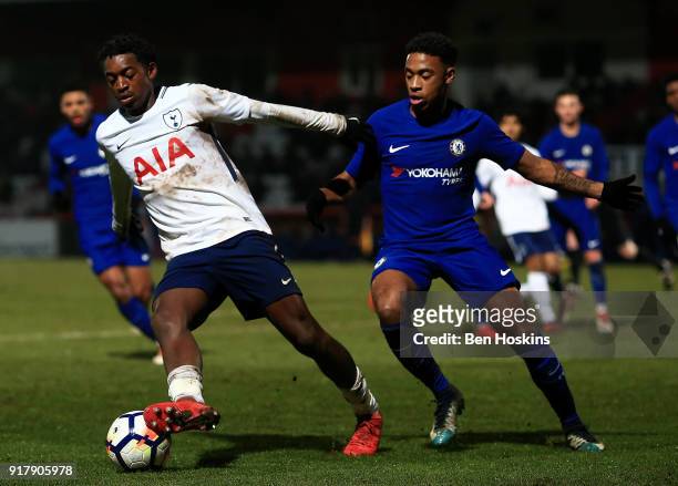 Brooklyn Lyons-Foster of Tottenham holds off pressure from Juan Castillo of Chelsea during the FA Youth Cup match between Tottenham Hotspur and...