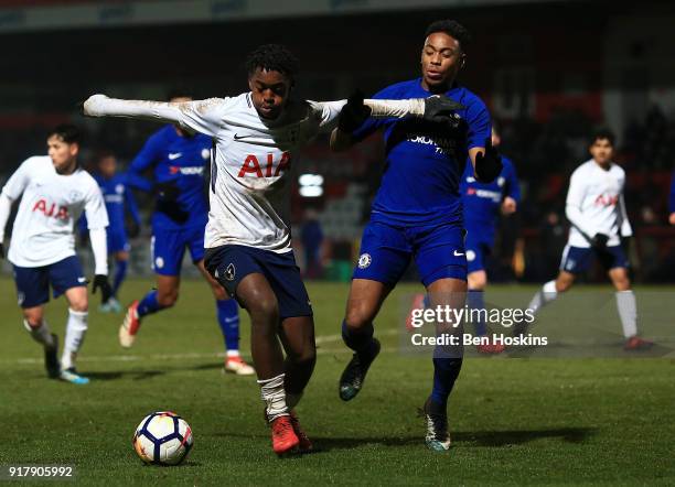 Brooklyn Lyons-Foster of Tottenham holds off pressure from Juan Castillo of Chelsea during the FA Youth Cup match between Tottenham Hotspur and...