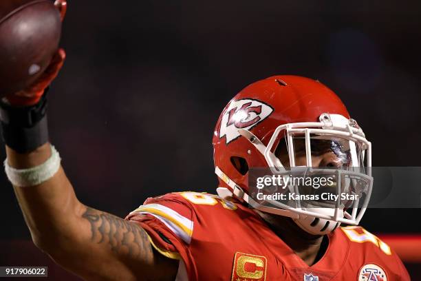 Kansas City Chiefs inside linebacker Derrick Johnson celebrates as he crossed the goal line in an apparent touchdown following a fumble late in the...