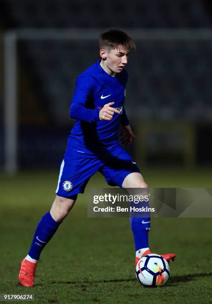 Billy Gilmour of Chelsea in action during the FA Youth Cup match between Tottenham Hotspur and Chelsea at The Lamex Stadium on February 13, 2018 in...