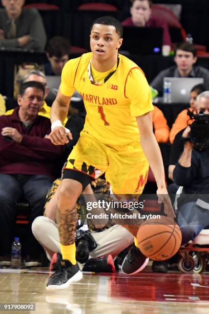 Anthony Cowan Jr. #1 of the Maryland Terrapins dribbles up court during a college basketball game against the Northwestern Wildcats at the Xfinity...