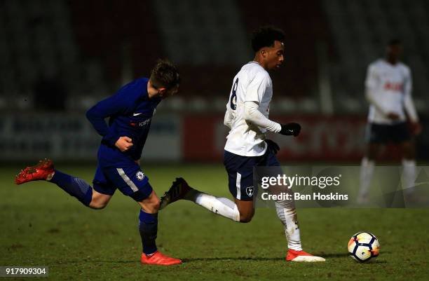 Tashan Oakley-Boothe of Tottenham holds off pressure from Billy Gilmour of Chelsea during the FA Youth Cup match between Tottenham Hotspur and...