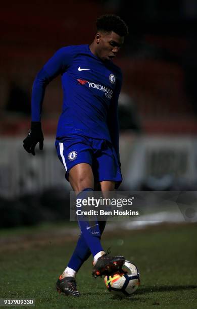 Dujon Sterling of Chelsea in action during the FA Youth Cup match between Tottenham Hotspur and Chelsea at The Lamex Stadium on February 13, 2018 in...