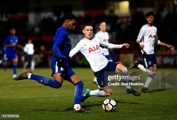 Dujon Sterling of Chelsea crosses ahead of Jamie Reynolds of Tottenham during the FA Youth Cup match between Tottenham Hotspur and Chelsea at The...