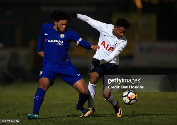 Neill Bennett of Tottenham holds off pressure from Reece James of Chelsea during the FA Youth Cup match between Tottenham Hotspur and Chelsea at The...